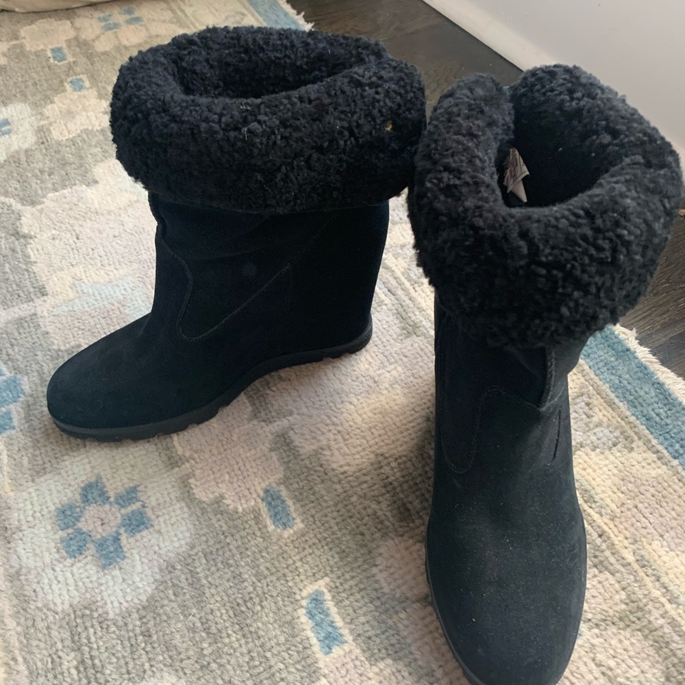 UGG fur lined black suede wedge booties size 8